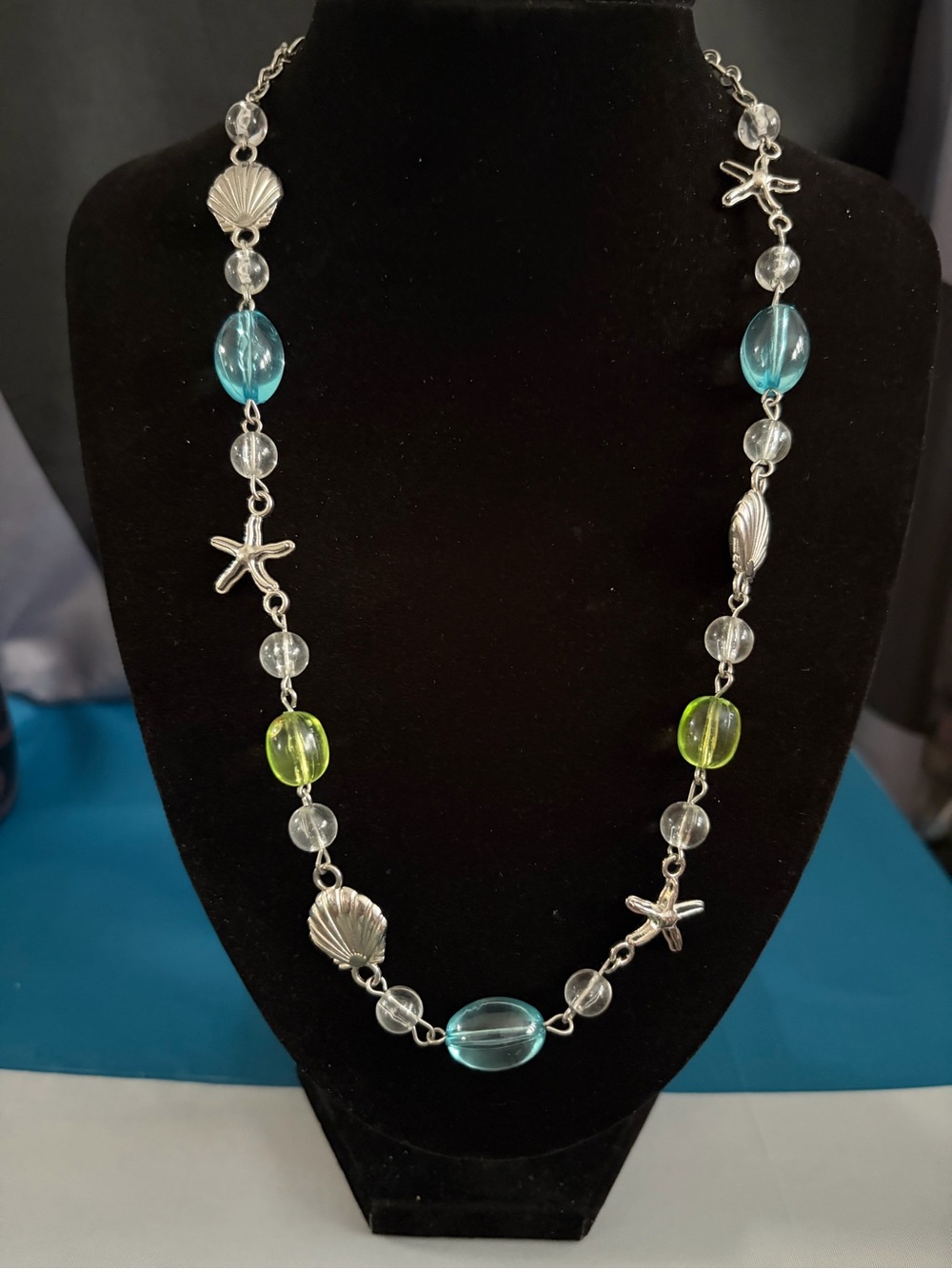 Silver Seashell & Bead Necklace - Blue and Green